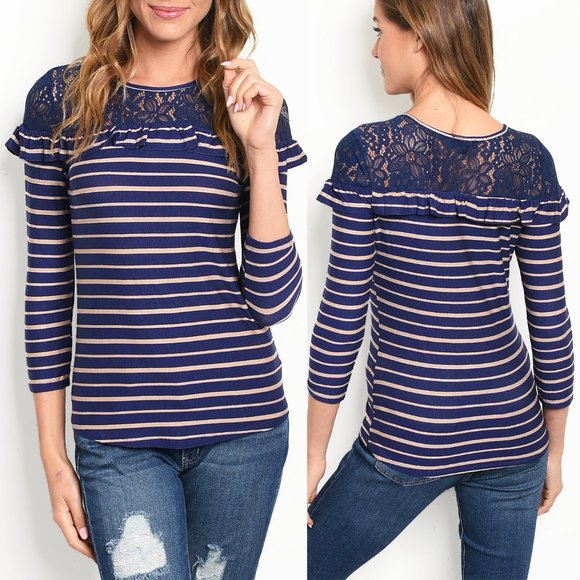 Navy Blue Tan Stripe Lace Ruffle Soft Stretch Top - Picture 1 of 7